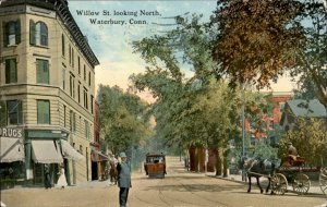 Waterbury Connecticut Willow Street Shops Trolley c1900-20s Vintage Postcard