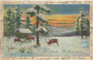 Fröhliche Weihnachten-Merry Christmas-Deer Grazing at Snowy Sunset-1926 POSTCARD