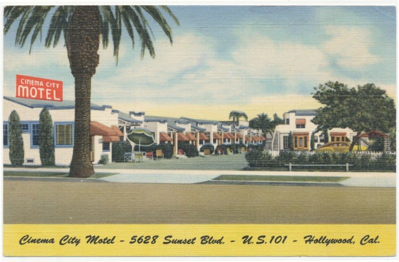 Cinema City Motel Sunset Blvd US 101 Hollywood Cal. Postcard Roadside America 