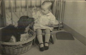 Cute Baby & Family Dog - English Spaniel? Real Photo Postcard