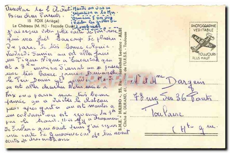 Old Postcard Foix Ariege Chateau M H West Facade
