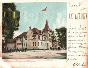 Vintage Postcard 1905 Memorial Public Library Building Westerly Rhode Island RI