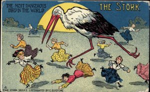 C. Eckstone Giant Stork Chasing Women Dangerous Bird c1910 Vintage Postcard