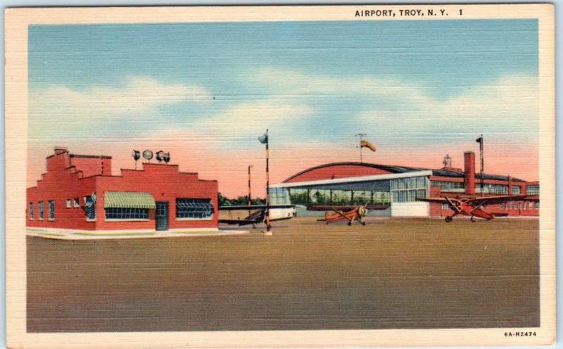 TROY, New York  NY    AIRPORT   Airplanes  ca 1940s Linen Postcard