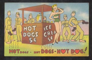RISQUE PINUP SWIMSUIT GIRL HOT DOG STAND ICE CREAM VINTAGE LINEN COMIC POSTCARD