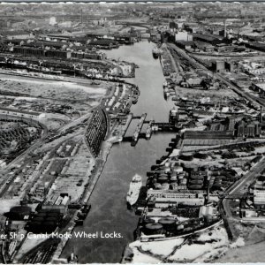 c1950s Manchester Ship Canal Mode Wheel Locks Aerial RPPC Postcard Salford UK