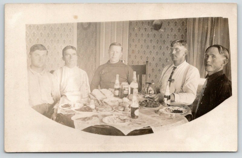 RPPC Five Men Feast Around Table Drinking Velvet Beer From Bottles~c1910 