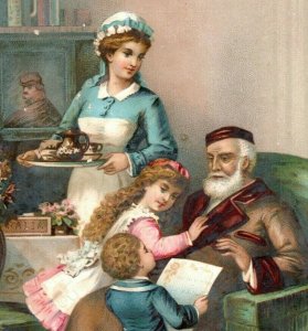 1870s-80s Victorian Christmas Card Family Tea Cute White Fluffy Dog &L