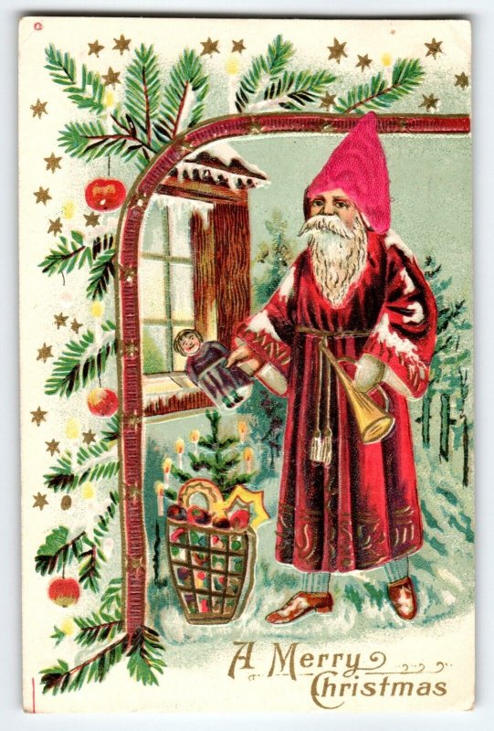 Santa Claus Christmas Postcard Old World Silk Hat Maroon Robe toys Austria 1913