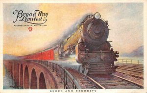 BROADWAY LIMITED PENNSYLVANIA RAILROAD TRAIN SPEED & SECURITY POSTCARD 1929