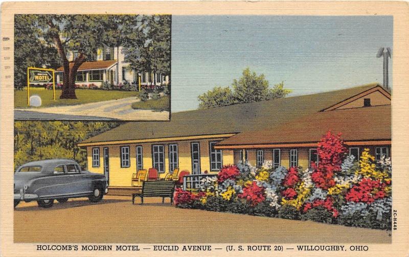 E21/ Willoughby Ohio Postcard 1953 Holcomb's Modern Motel Euclid Ave 2View Auto