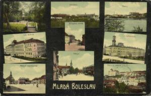 czech, MLADÁ BOLESLAV, Multiview, Market, Gymnasium, Barracks (1910s) Stamp