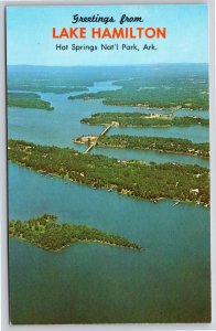 Hot Springs National Park Arkansas~Lake Hamilton Aerial View~Bridge~1950s Pc