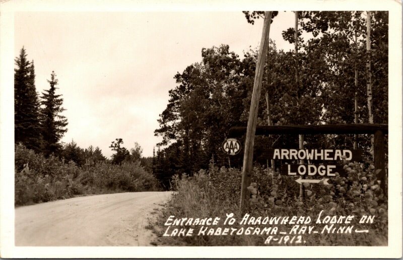 Real Photo Postcard Entrance to Arrowhead Lodge Lake Kabetogama in Ray Minnesota