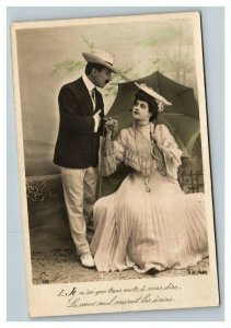 Vintage 1920's French Colorized Postcard - Romantic Man & Woman Umbrella in Park