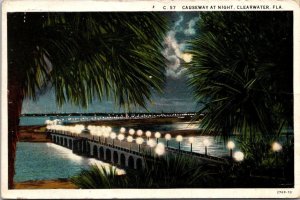 Florida Clearwater The Causeway At Night 1932 Curteich
