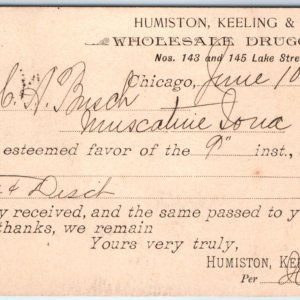 1887 Chicago Humiston Keeling Druggist Receipt Wm CA Busch of Muscatine, IA A157