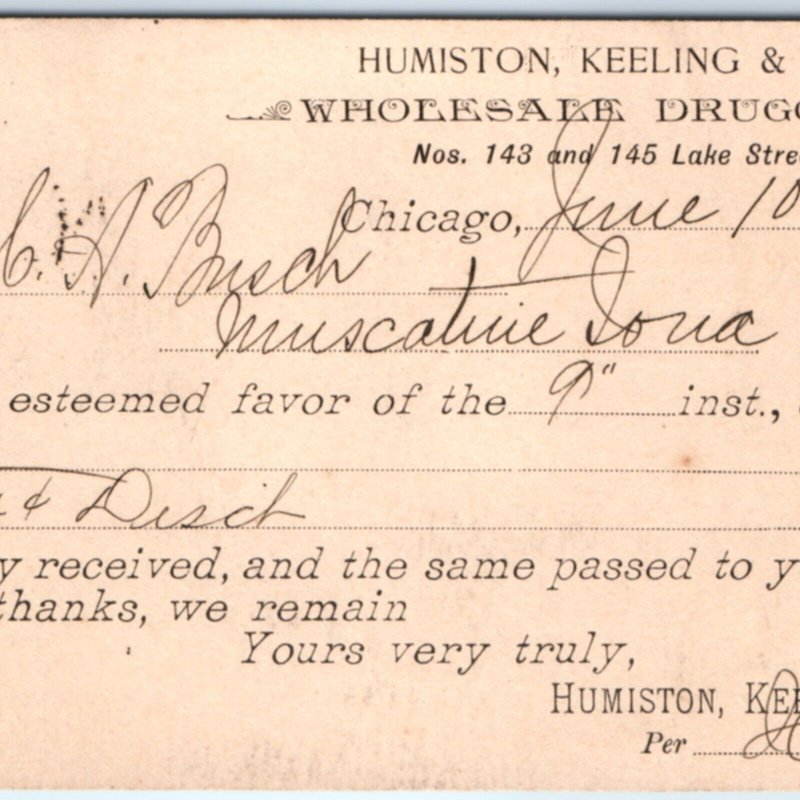 1887 Chicago Humiston Keeling Druggist Receipt Wm CA Busch of Muscatine, IA A157