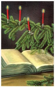 Christmas  open Bible , red Candles