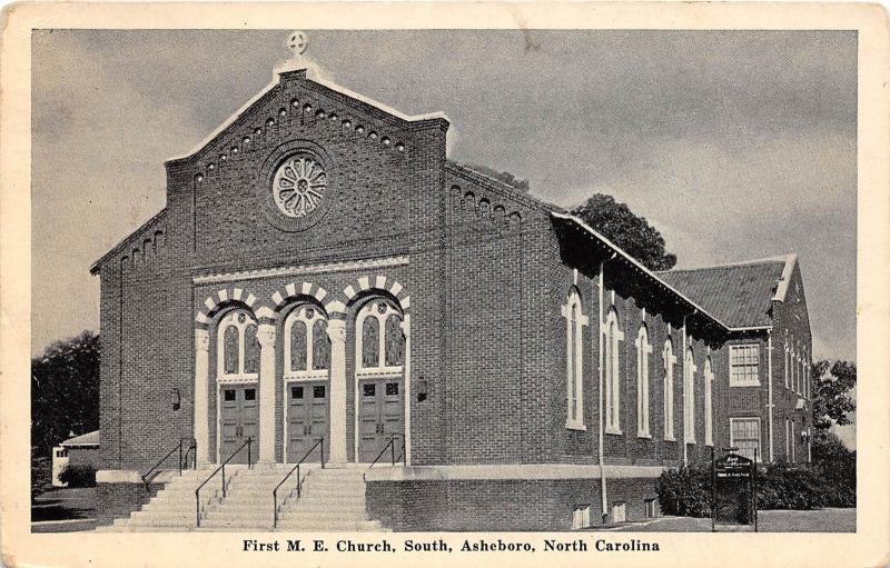 A80/ Asheboro North Carolina NC Postcard 1950 First M.E. Church Building