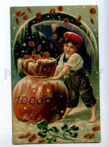 206751 NEW YEAR Boy Beggar w/ HUGE Bag COINS Vintage EMBOSSED