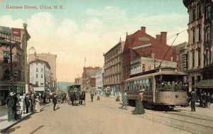 Utica NY Genesee Street Trolley Storefronts Postcard