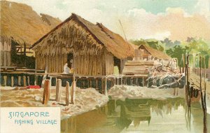 Vintage Postcard Singapore Fishing Village Huts on Stilts