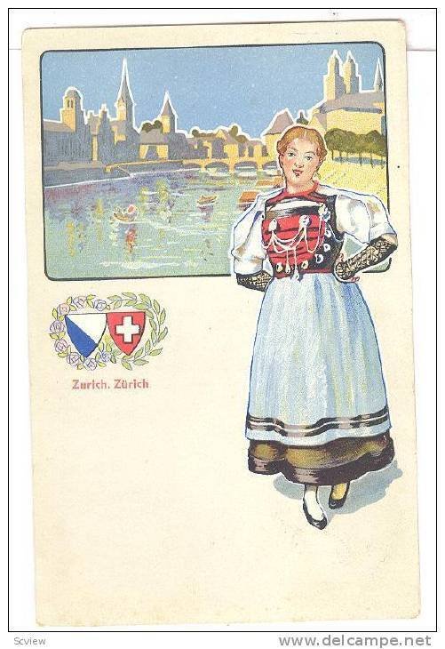 Woman, Boats & Bridge, Zurich, Switzerland, 1910-1920s