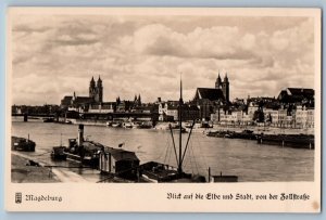 Magdeburg Germany Postcard Elbe and City from Zollsstrasse c1940's RPPC Photo