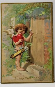 Valentine Someones a Knocking Cherub at Door Embossed Vintage Postcard F20