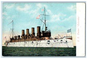 1910 US Cruiser Columbia Battleship Smokestacks American Flag Spotlight Postcard 