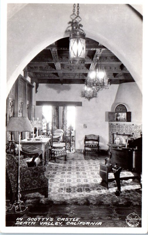 1940s Scotty's Castle Interior View Death Valley CA Frashers Real Photo Postcard