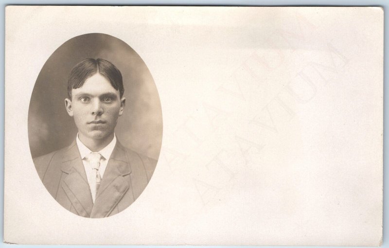 c1910s Handsome Young Man Portrait RPPC Headshot Parted Hair Boy Real Photo A261