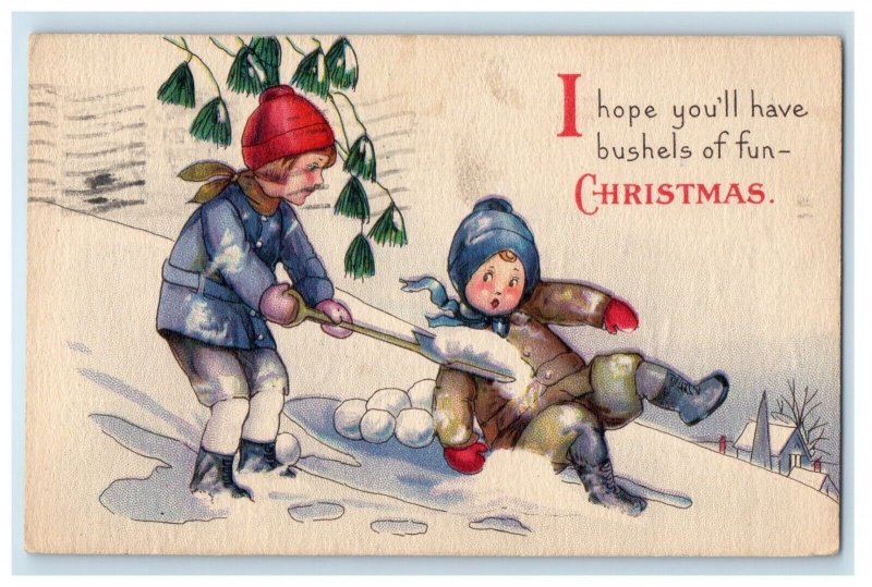 1923 Christmas Boy Girl Playing Snow Ball Winter Shovel Embossed Postcard 