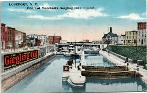 Postcard NY Lockport The Locks Ad for Merchants Garling Oil Liniment 1915 M26