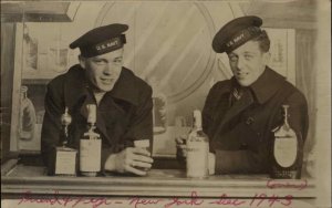 US Navy Sailors Studio Props Liquor Bottles Bar New York 1943 WWI RPPC