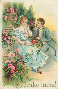 B580 Belle Époque Embossed Gilded Romantic Couple Lovers Postcard c.1913