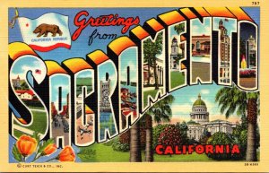 California Greetings From Sacramento Large Letter Linen
