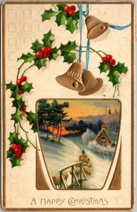 Merry Christmas With Gold Bells and Holly 1917