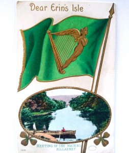St Patricks Day Postcard Dear Erin's Isle Gold Harp Flag Canoe Label Boat Lake