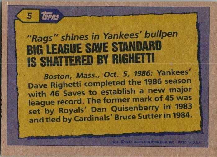 1987 Topps Baseball Card '86 Record Breaker Dave Righetti New York Yanke...