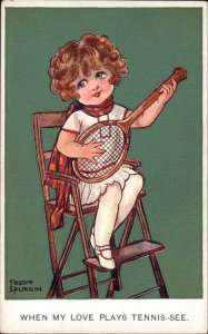 A/s FRED SPURGIN Little Girl Plays Tennis Racket Guitar Antique Postcard