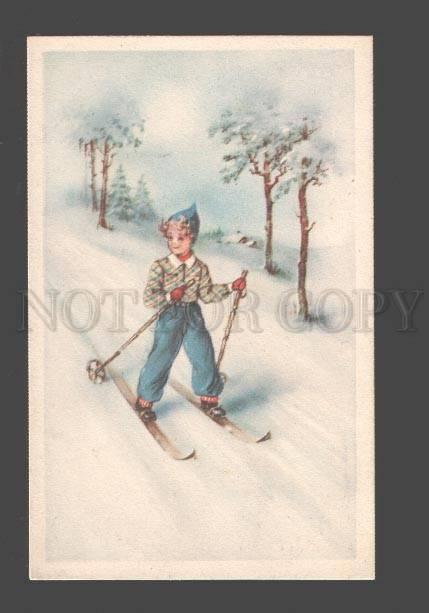 086191 SKIING girl on ski Vintage Amag colorful PC