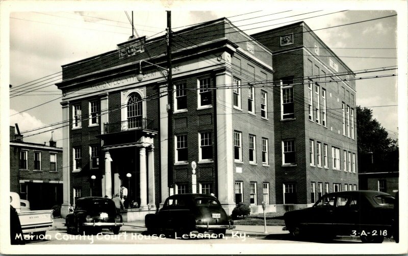 Vtg 1940s EKC RPPC Marion County Court House Lebanon KY ~1940s Street View Cars