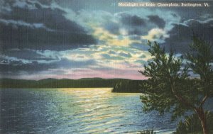 Moonlight on Lake Champlain, Burlington, VT. Linen Postcard 