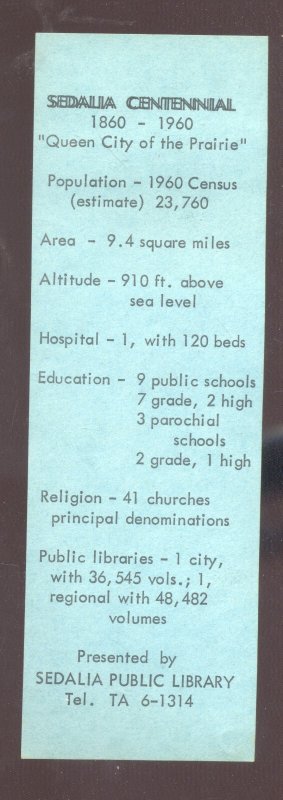 SEDALIA MISSOURI MO. PUBLIC LIBRARY VINTAGE BOOKMARK