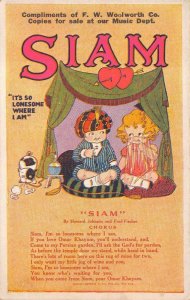 F. W. WOOLWORTH CO SIAM TIBET SONG CHILDREN DOG ADVERTISING POSTCARD (c. 1916)