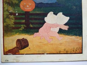 Halloween Postcard Children in Bonnets Run From Bogie Man JOL Pumpkin Series 119