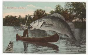 Exaggerated Fish Fishing Canoe 1910c postcard