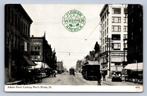 DS2/ Peoria Illinois Postcard c1910 Adams Street Stores Trolley Autos 139